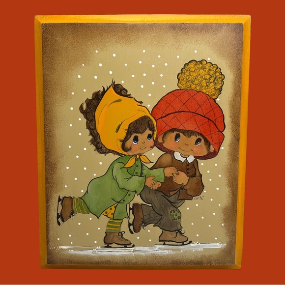 Vintage Plaque Children Ice Skating Boy Girl 1970s 1975 - Picture 1 of 8